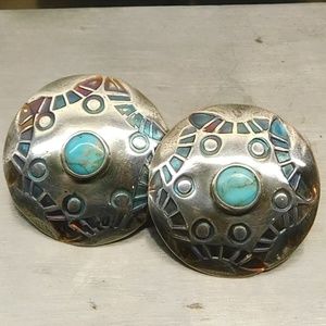 Hand Hammered Turquoise Concho Earrings  Fine 999